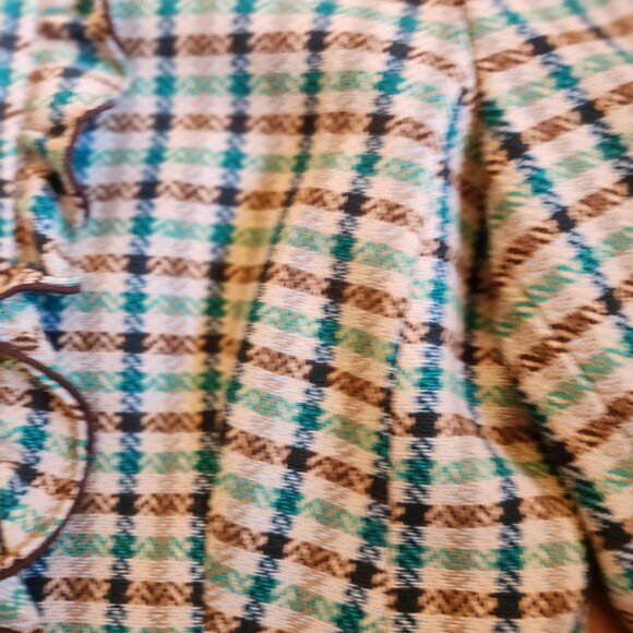 Talbots Brown/Teal Tweed Plaid Ruffled Blazer Elbow Patches Wool Blend Size 12P - Picture 10 of 12